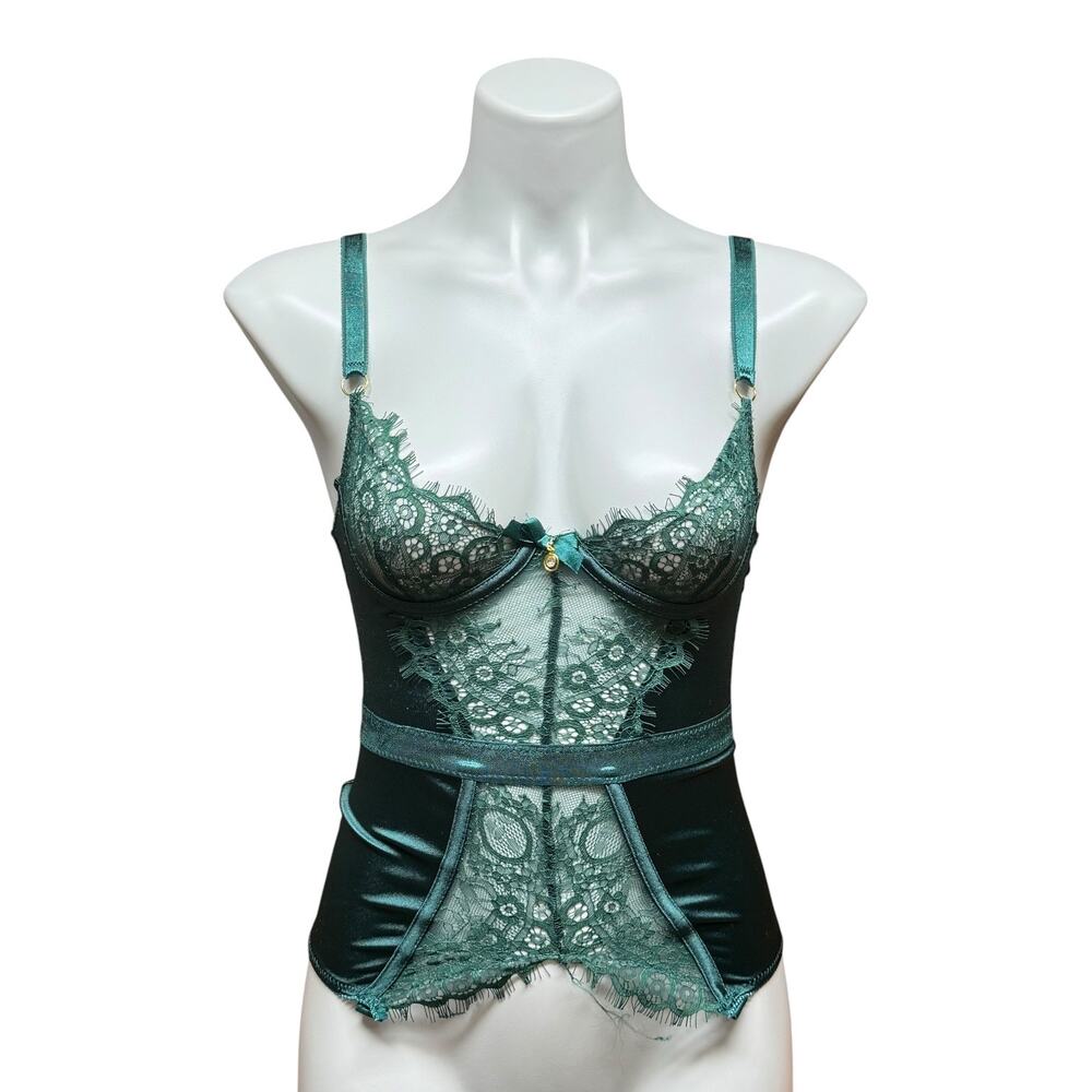 Seven 'til Midnight Eyelash Lace Satin Bustier Lingerie Green Small